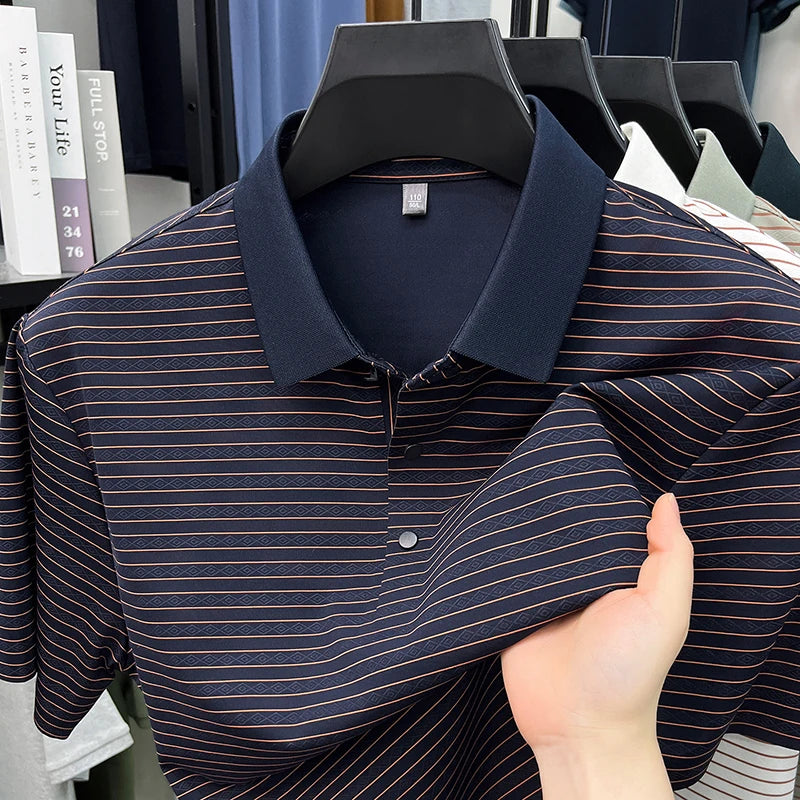 High quality brand ice silk short sleeve polo shirt summer trend striped design men's T-shirt new breathable business casual top