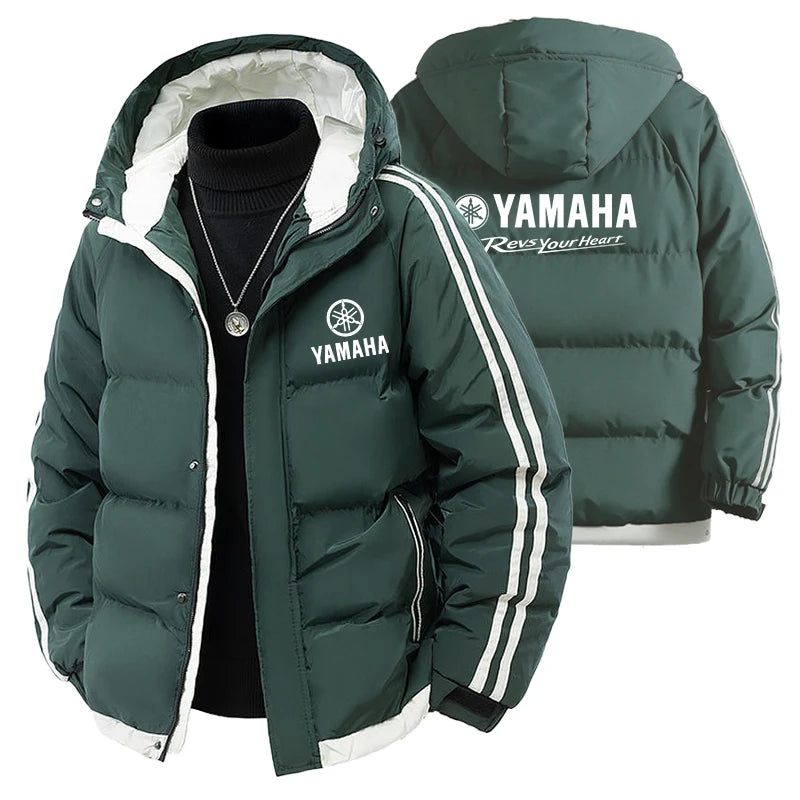Yamaha's new men's hooded thick winter warm-up cotton coat for outdoor fashion, casual and sporty wear with zipper. Men's coat.