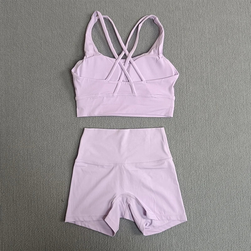 2 Pieces Yoga Clothes Gym Sets Sports Shorts Women Cross Back Bra Top High Waist Shorts Fitness Suits Running Workout Tracksuit - ATFH