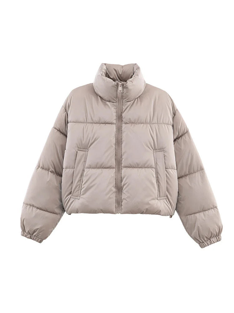 Women's Solid Cropped Puffer Jacket Stand Collar Quilted Fabric Elastic Cuff Coat Winter Casual Outings Daily Wear Cold Weather ATFH