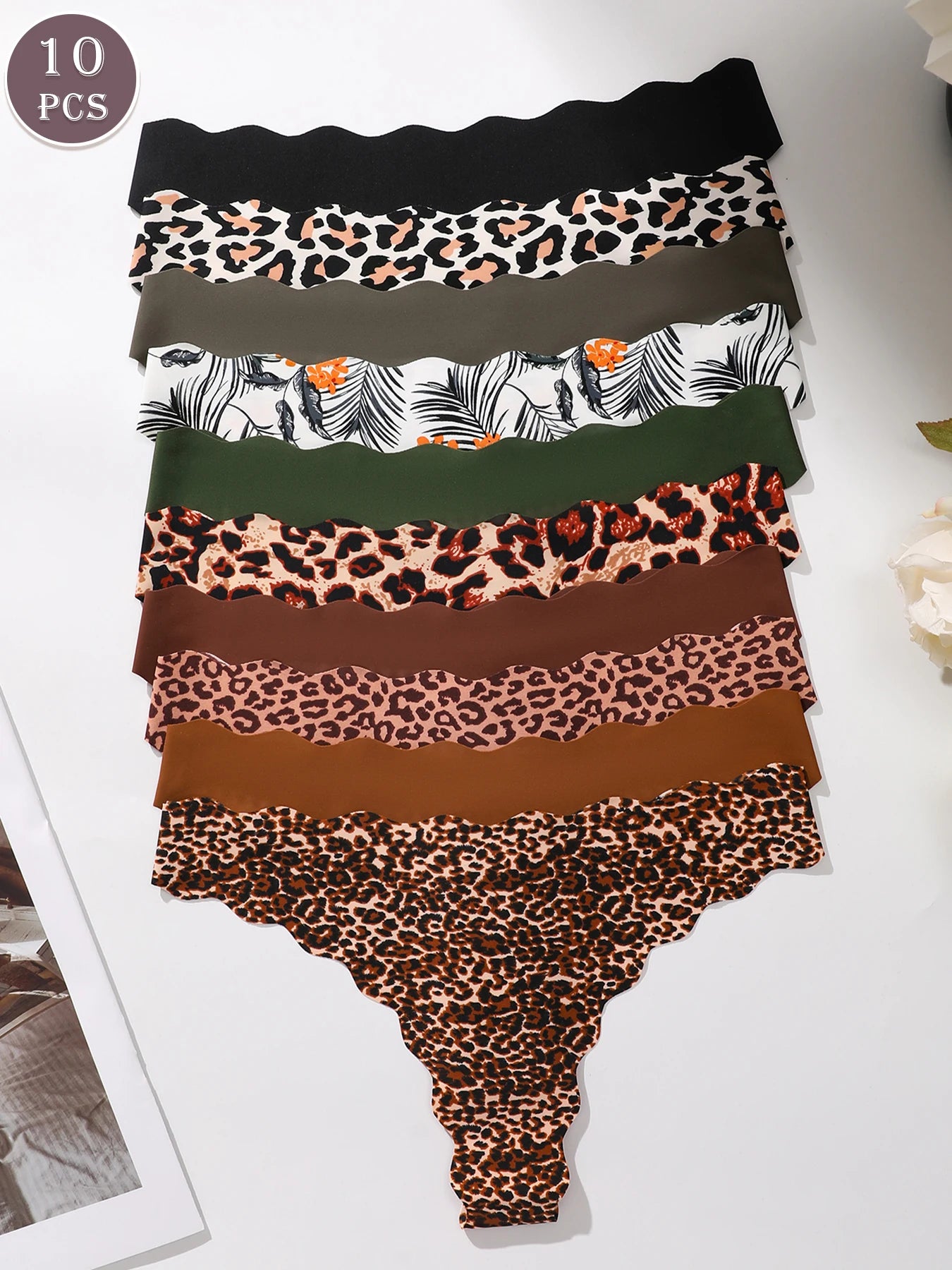 10PCS Cutout Heart Wavy Edge Thongs, Leopard & Floral Print Seamless No Show Underwear