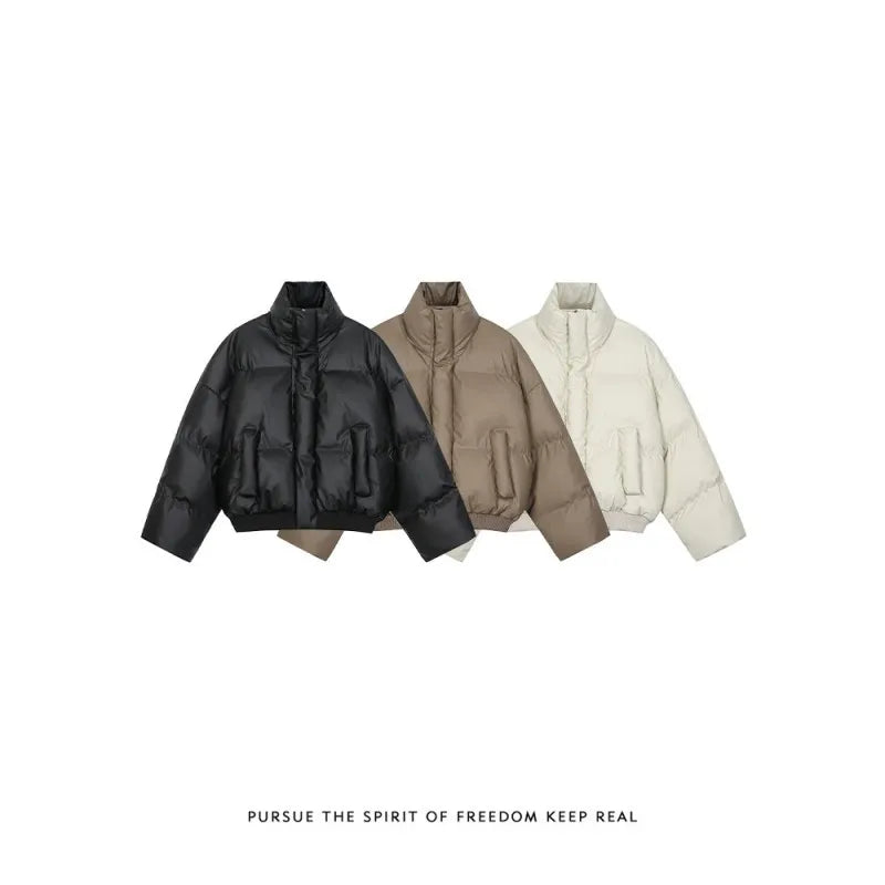 New 2025 Winter Women's Fashion Oversized Black Puffer Jacket Casual Windproof Stand Collar Short Cotton Down Coat for Women ATFH