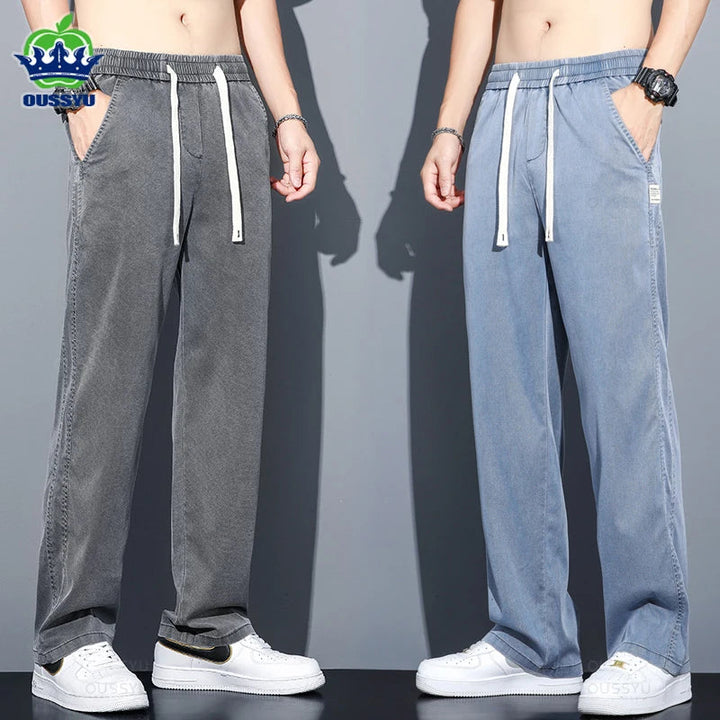 Summer Thin Soft Lyocell Fabric Jeans Men Loose Straight Wide Leg Pants Drawstring Elastic Waist Casual Trousers Plus Size M-5XL ATFH
