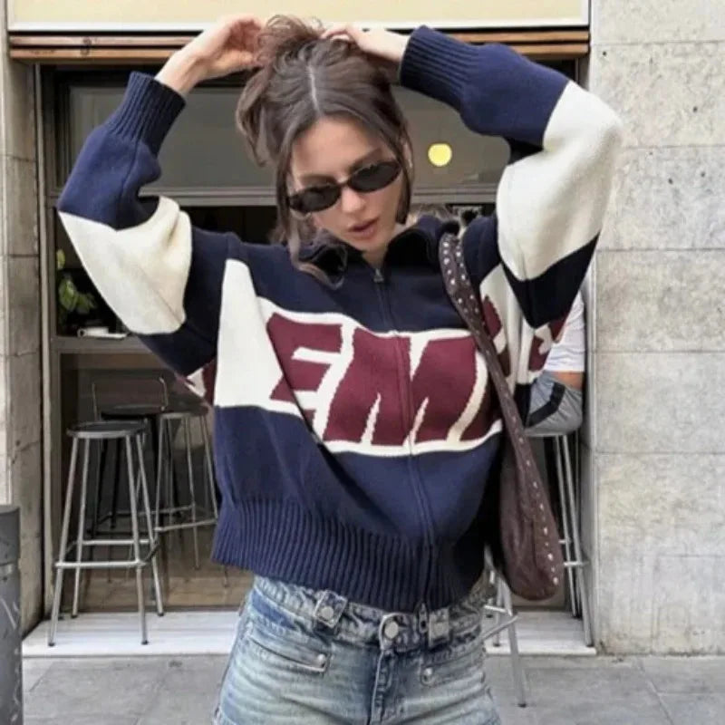 Retro Harajuku Spliced zipper Knit Sweater New Fashionable Casual Sweater Men American Y2k Letter Embroidery Clothing Women - ATFH