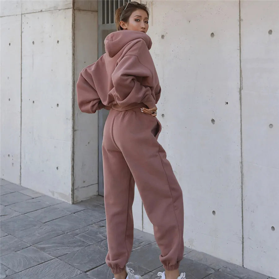 Two Piece Set Women Hooded Sweatshirt Pant Sets Solid Full Sleeve Thick Tops Pullover Pockets Midi Waist Trousers Sporty Suit