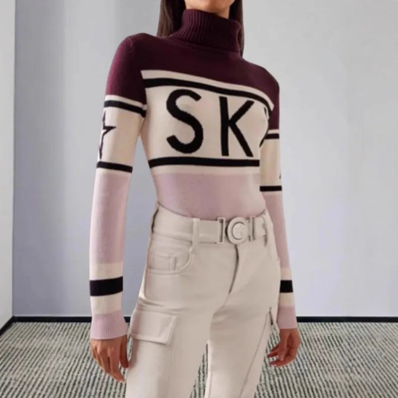 Top Sweater Women's High Neck Letter Print Color Block Slim Fit Knit Long Sleeve Pullover Comfortable Casual Fashionable Niche - ATFH