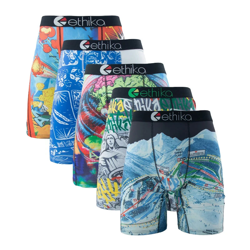 ETHIKA 5Pcs Sexy Men Underwear Breathable Mesh Crotch Mens Underpants Boxers Plus Size Printed Man Panties Men's Boxers Briefs