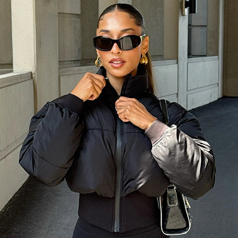 HXAO Black Lightweight Padded Jackets Women's Jacket Winter Crop High Neck Long Sleeve Quilted Jacket Woman Insulated Outerwears
