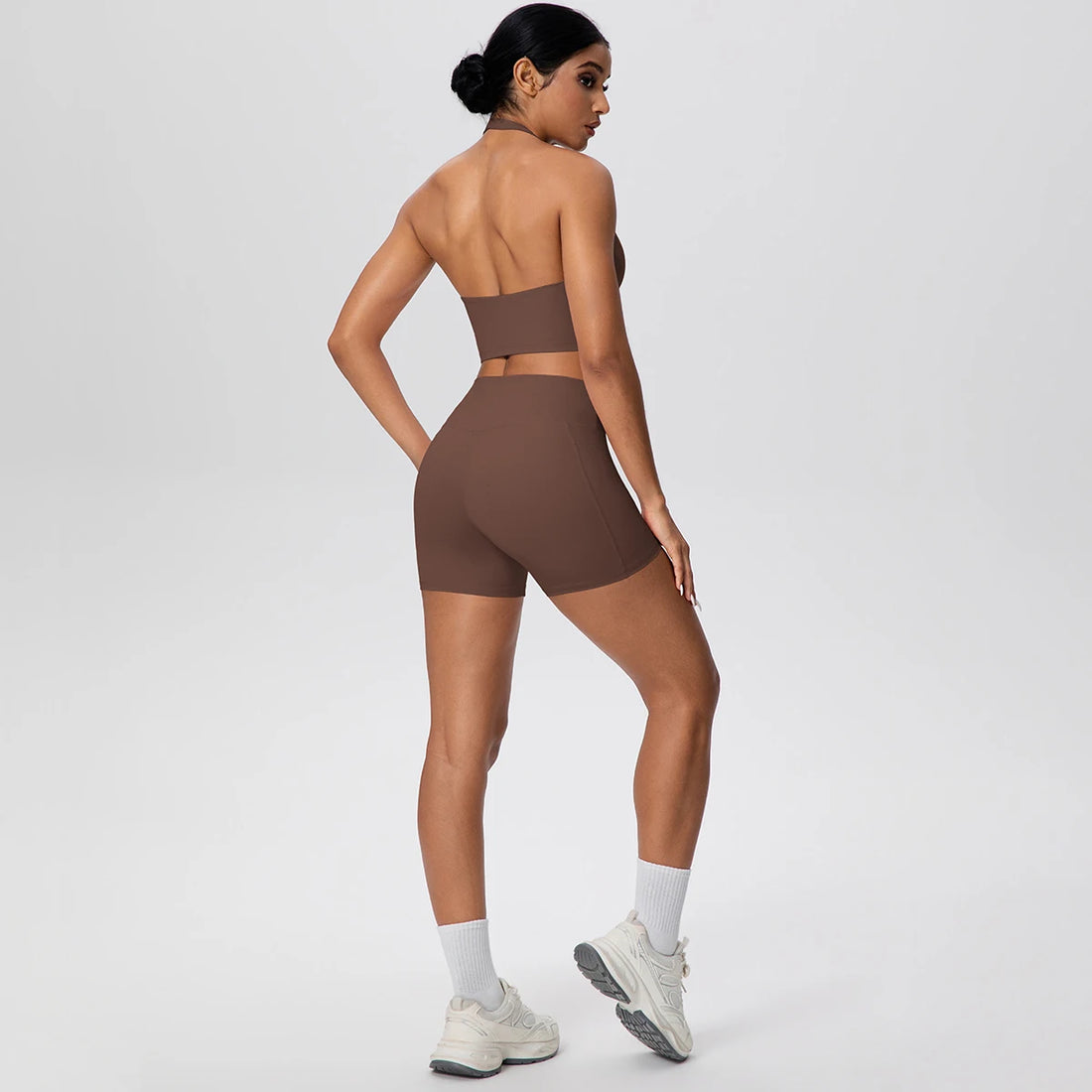 2PCS Women Yoga Set Solid Color Beautiful Back Hanging Neck Bra with Chest Pad Quick-Dry Fitness Shorts With Pockets Yoga Set - ATFH