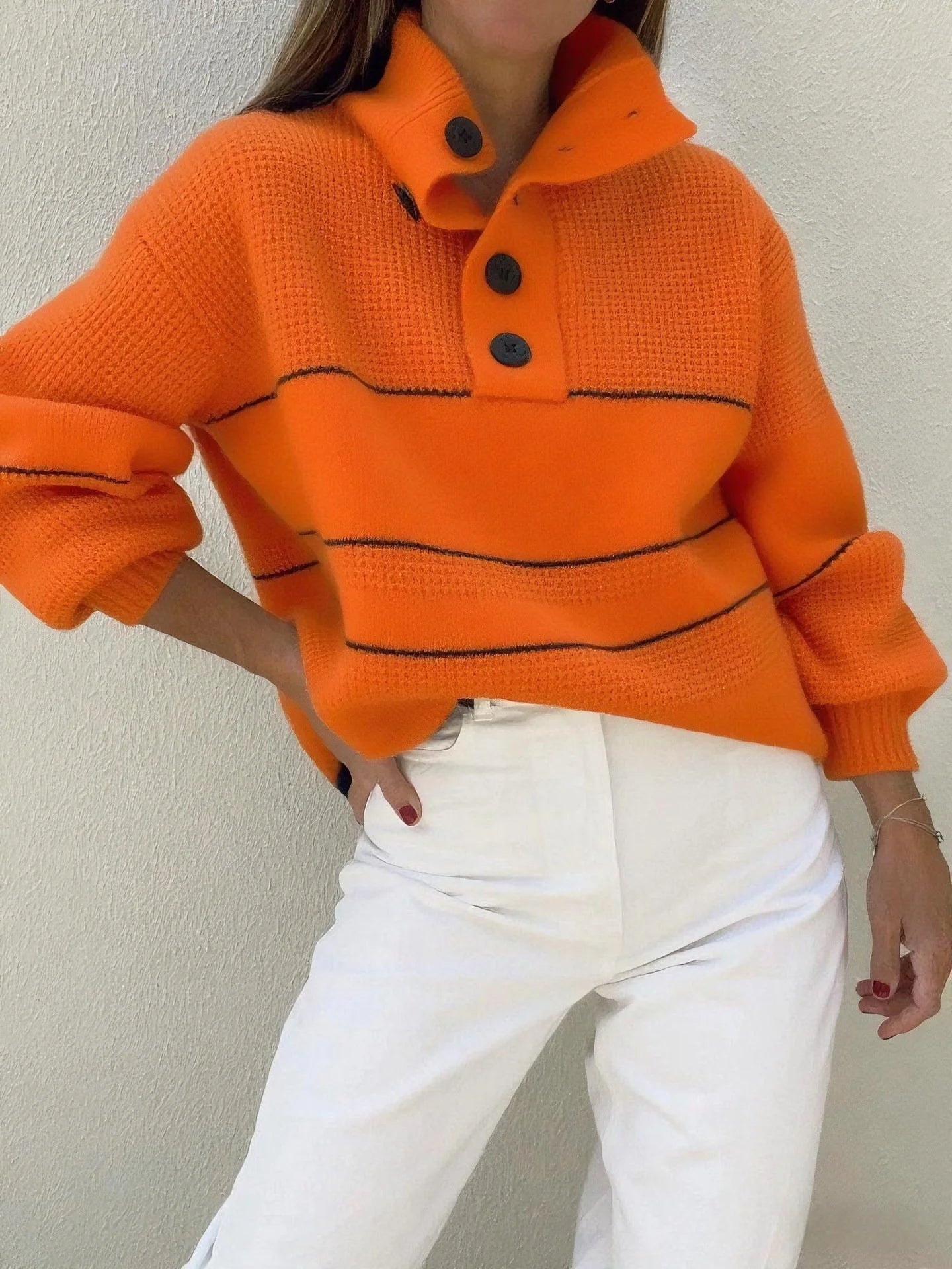 Women's Half Cardigan Contrast Casual Polo Pullover Sweater - ATFH
