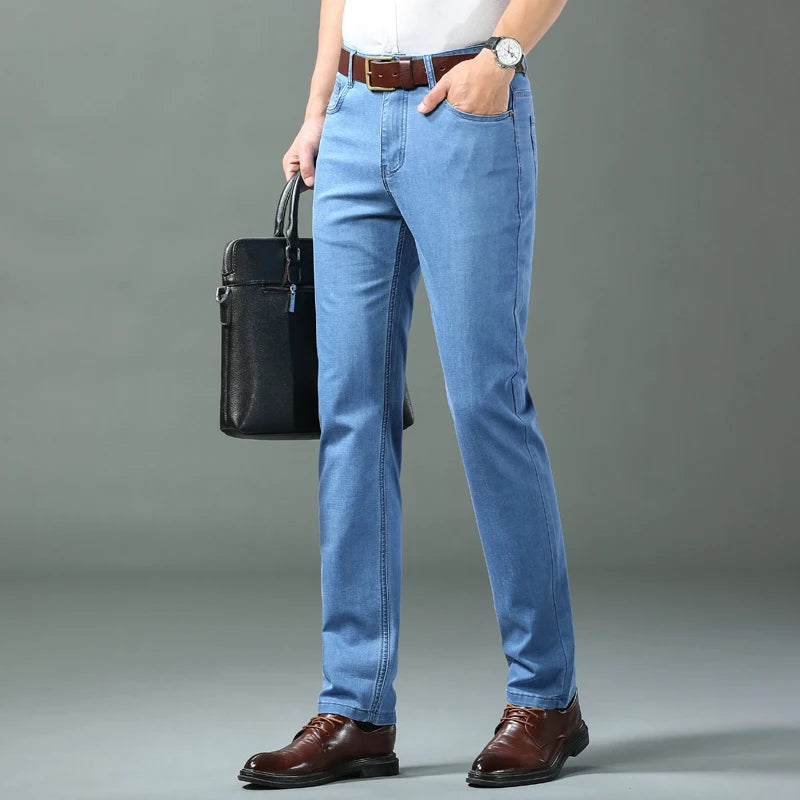 2023 Spring/summer Thin Denim Straight Cotton Stretch Jeans Men Business Casual Cloth  High Waist Ice Silk  Lightweight Trousers ATFH
