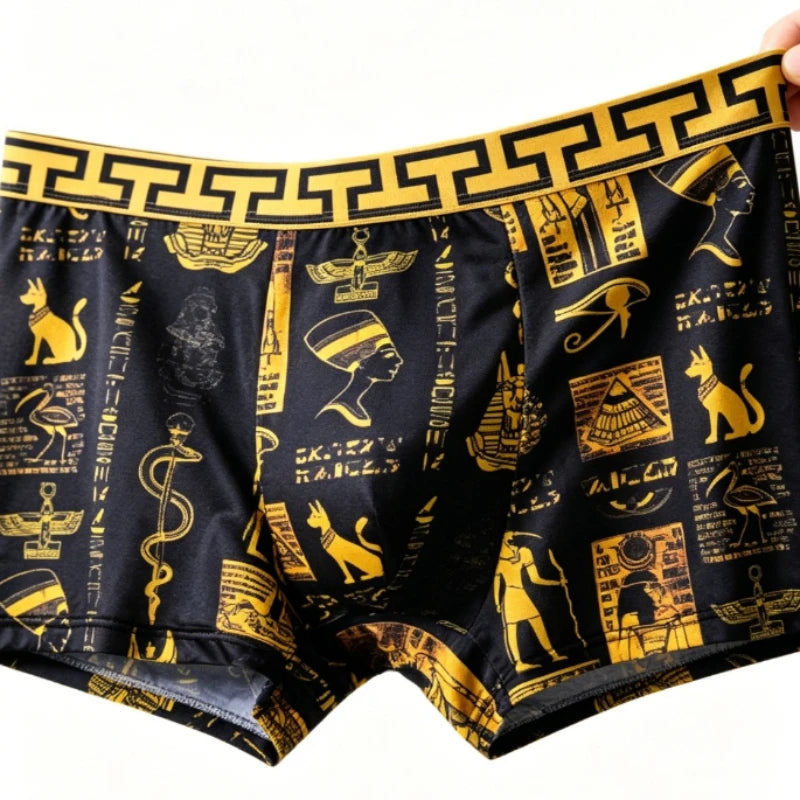 Mens Egyptian Gold Black Boxer Briefs Luxury Greek Key Pattern Party Rave Outfit Underwear for Trendsetters Cool Festival Shorts
