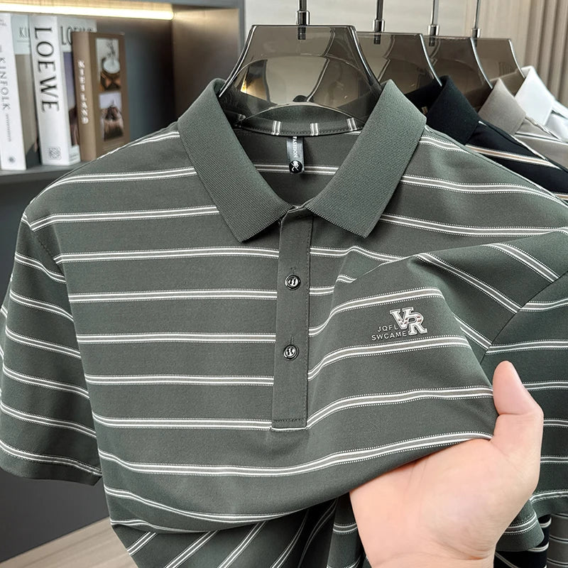 Fashion luxury letters embossed short sleeve polo shirt men's high-quality brand casual breathable summer new striped T-shirt