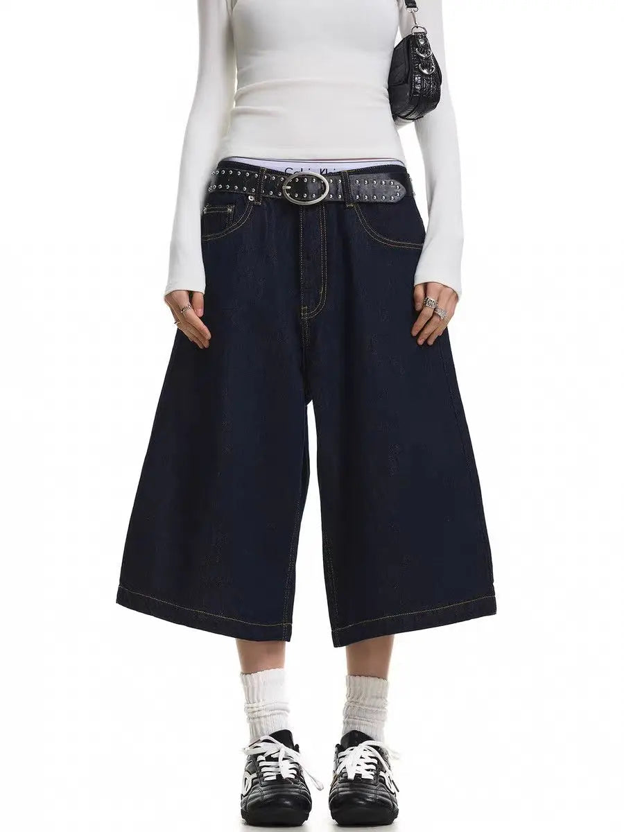 Summer Women's Multi-pocket Design Vintage Denim Shorts Y2k Cool Girl Wide Leg Pants Female Fashion Calf-length Trousers ATFH