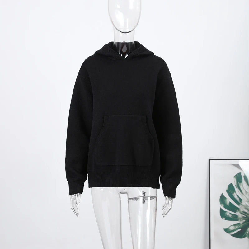 Knit Hooded Pullovers Women's Loose Solid Full Sleeve Pockets Sweaters 2025 Autumn Winter New Lady All-match Tops Streetwear - ATFH
