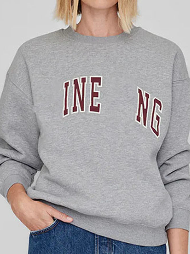 Women's sweatshirt for autumn and winter 2025, comfortable and casual round neck long sleeved gray warm pure cotton sportswear - ATFH