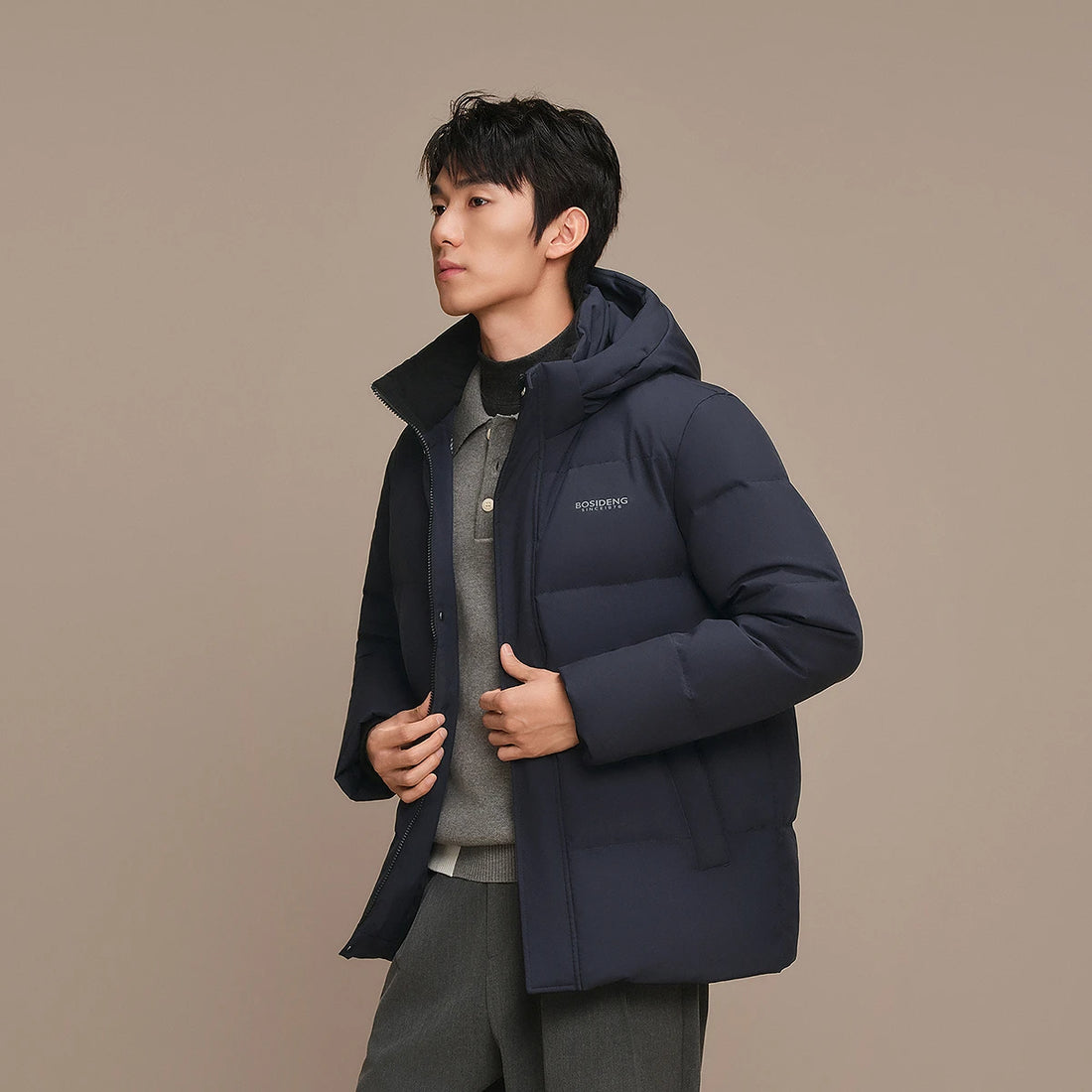 Bosideng Mens Short Hooded Down Jacket With Ribbed Cuffs High Neck And Double Placket For Windproof Warmth