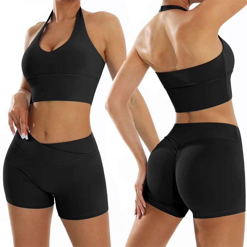 Sexy Yoga Shorts Set Fitness Suits For Women Sportswear Summer Scrunch Sports Outfits Quick-Dry Breathable Gym Workout Clothes - ATFH