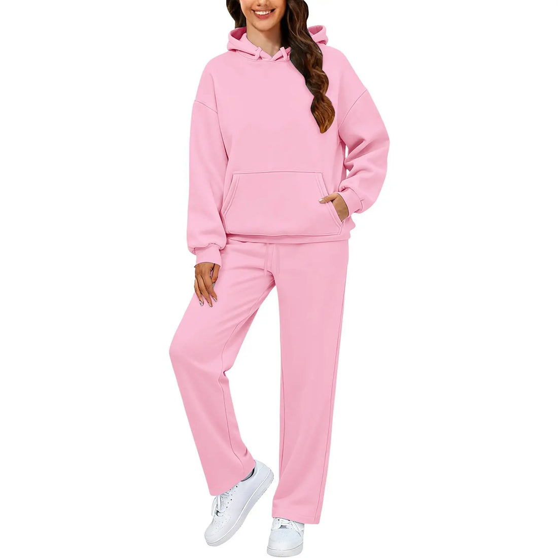 Autumn Winter Women Hoodie+Wide Leg Pants Two Pieces Casual Fleece Loose Long Sleeve Tracksuit Comfortable Sports Women Suit