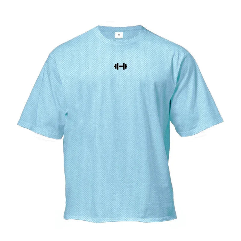 Oversized Loose Gym Clothing Mesh Quick Dry Bodybuilding Fitness Men Short Sleeve Barbell print Sport Streetwear Workout T-Shirt ATFH