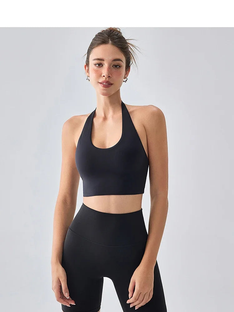 Women's Halter Neck Sports Yoga Vest Quick Dry Breathable Shockproof Slimming Fitness Outdoor Running Workout Cycling Yoga Top - ATFH