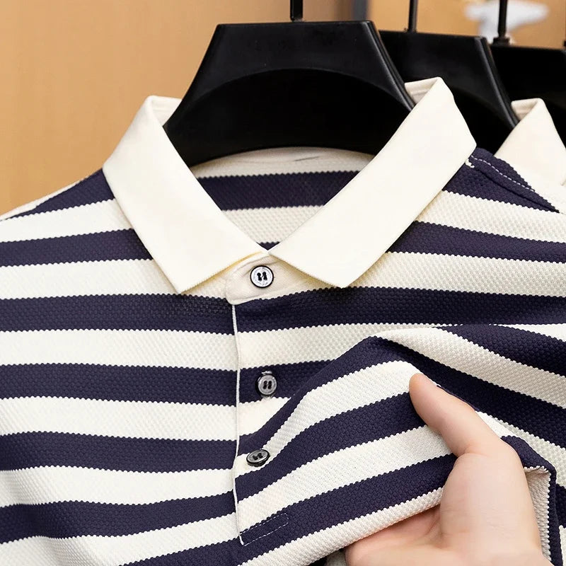 Men Striped Short Sleeve Polo Shirt Casual Breathable Waffle Knit Summer Classic Fashion Business Top