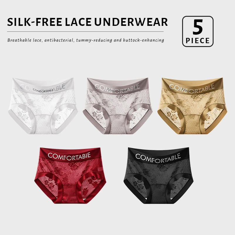FallSweet 5PCS Ultra-Thin Lace Panties for Women Floral Mid-Rise Transparent Briefs Seamless Underpants Lingerie Calzones Mujer