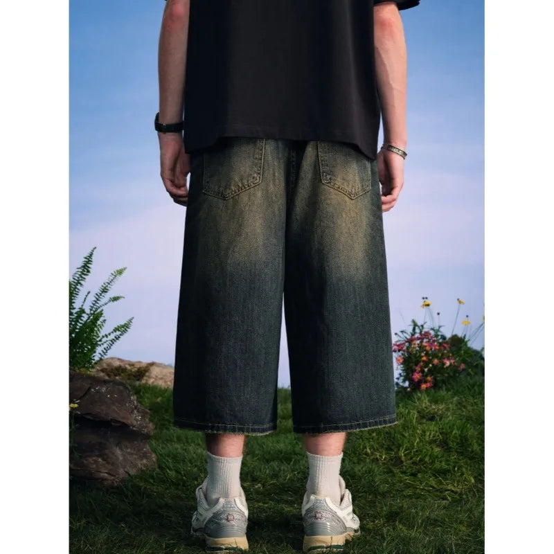 Men's 2026 Summer American High Street Retro Gradient Washed Denim Shorts Lazy Youth Trendy Ins New Versatile Casual Capri Pants ATFH