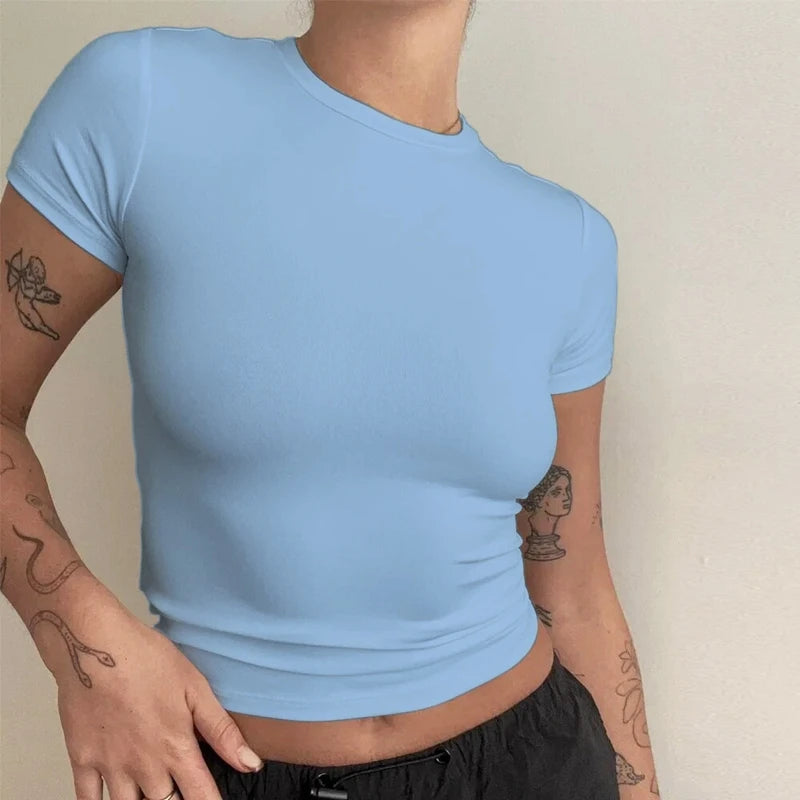 Woman Clothing Short Sleeve T-shirt Slim Fit Tops Female O-Neck Knitted Sheath Tee Shirt Street Wear Sex Sporty 2024 Y2K New2410 - ATFH