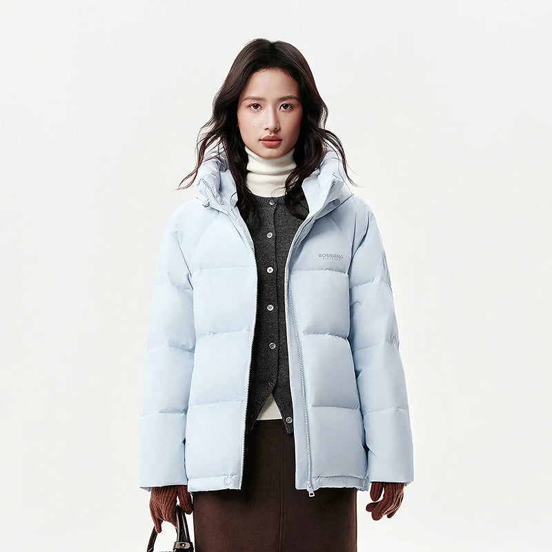 Bosideng Womens Raglan Sleeve Short Down Jacket With Knitted Cuffs Drawstring Hood And Fleece Pockets Winter Warm Fashion Coat