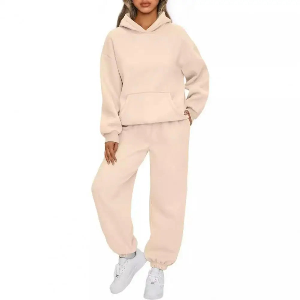 Women's Tracksuit Suit Winter Fashion Warm Hoodie Sweatshirts Two Pieces Oversized Solid Casual Hoody Pullovers Long Pant Sets
