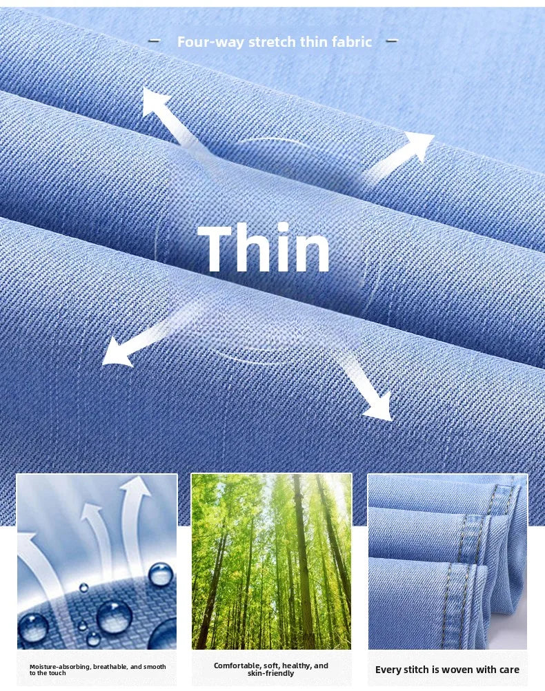2026 Spring Summer 70% Lyocell Jeans Regular Fit Straight Ice Silk Style Business Casual Light Blue Stretch Cotton Denim ATFH