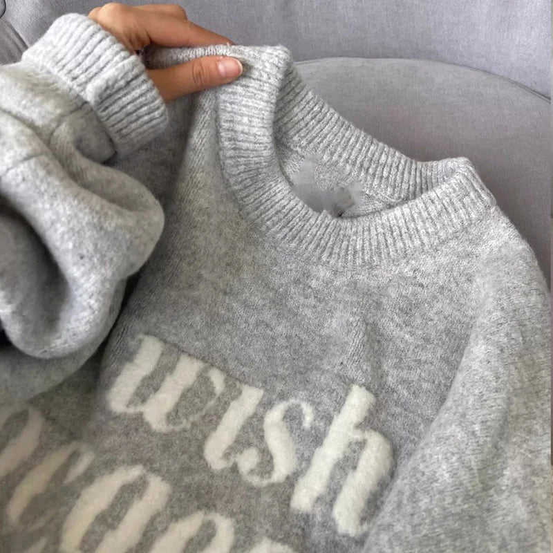 American Retro Letter Jacquard Gray Pullover Sweater for Women Autumn Winter Loose Soft Warm Street Knitted Top Women's Clothing - ATFH