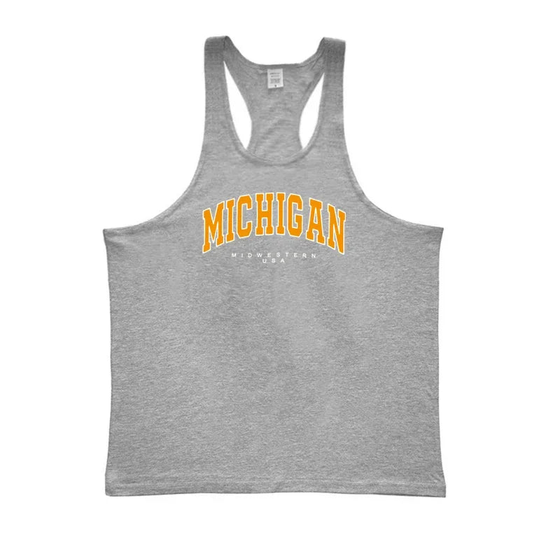 Michigan Midwestern USA Print Sport Tank Tops Mens Fitness Y-Back Cotton Sleeveless Shirt Gym Bodybuilding Muscle Stringer