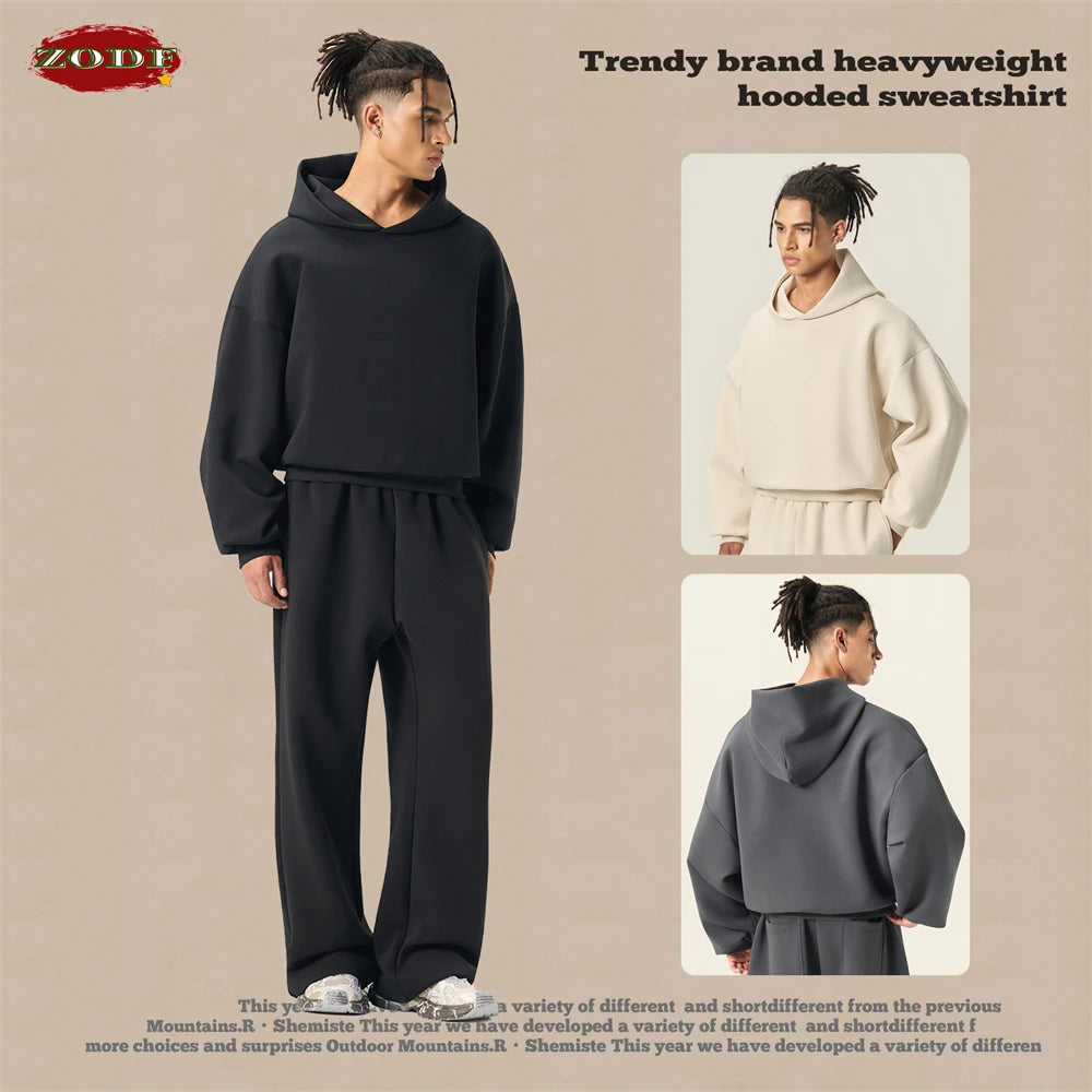 ZODF Trendy Winter 350gsm Solid Fleece Hooded Hoodies For Man Unisex Boxyfit Solid Warm Pullovers Brand Clothing HY0038