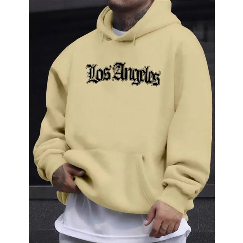 Men's autumn and winter casual fashion loose hoodie Los Angeles letter printed long sleeved warm pullover sweater - ATFH