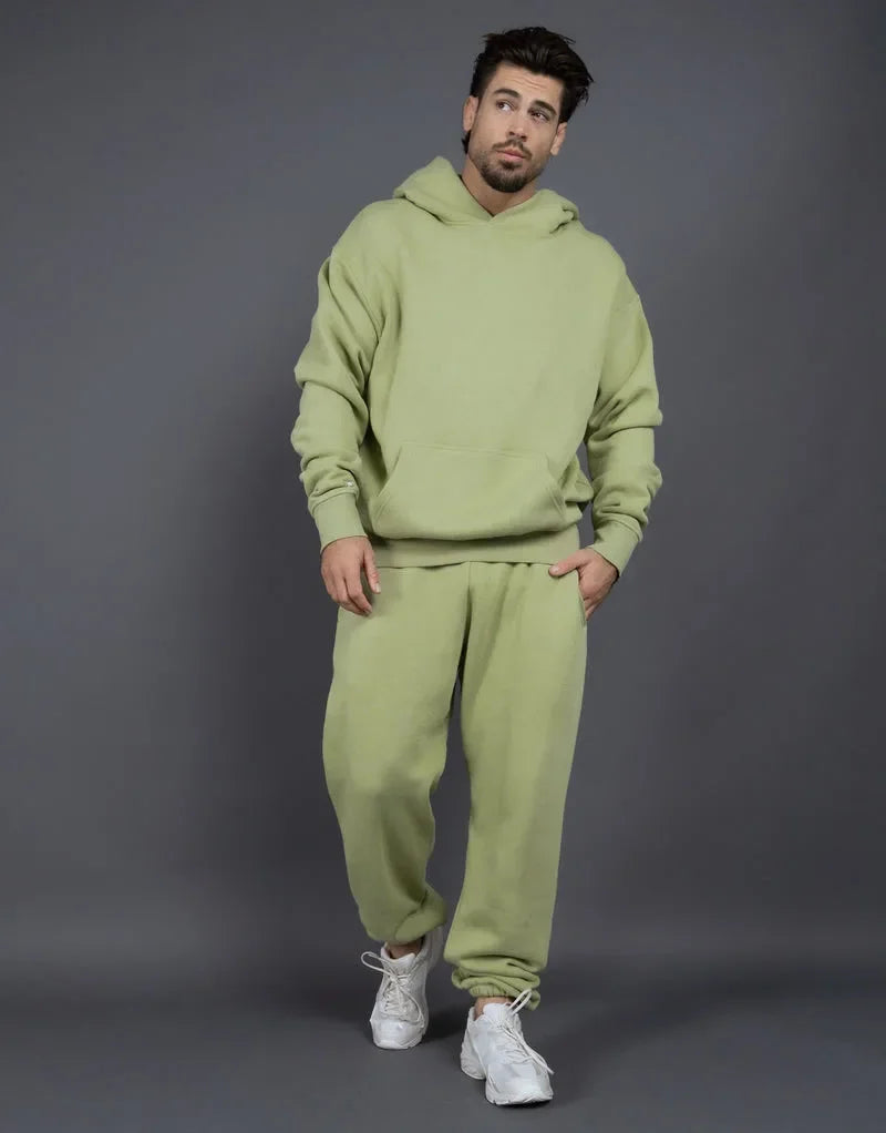 Custom logo autumn and winter cotton 60% polyester 40% plush and thickened men's and women's loose hooded sweater two-piece set ATFH