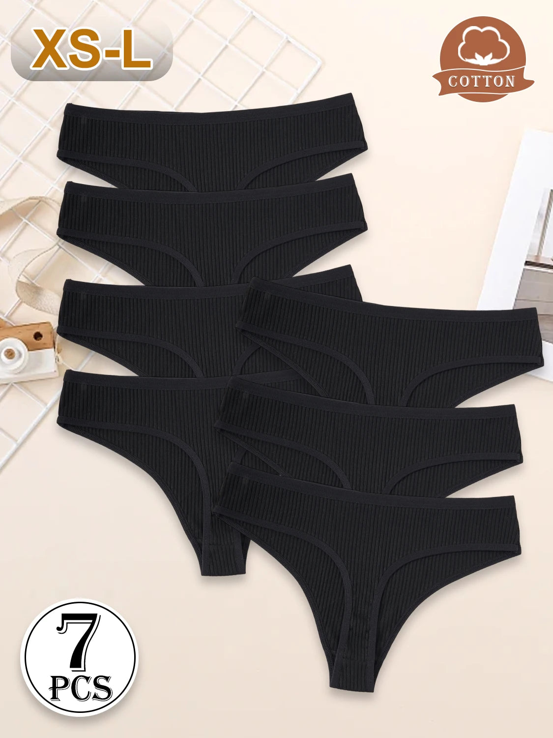 7PCS New Black Cotton Women's G-Strings Female Low Rise Striped Thongs Panties Sexy Bikini Breathable T-Back Intimates Lingerie