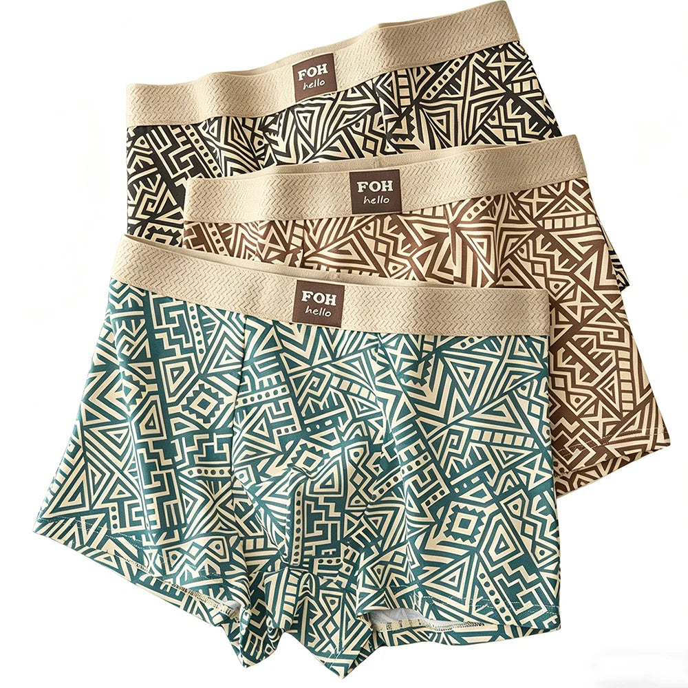 1/3 Pcs Men's Cotton Boxer Shorts Breathable Comfortable Underwear Man Printed Trendy Ethnic Retro Square Underpant Male Panties