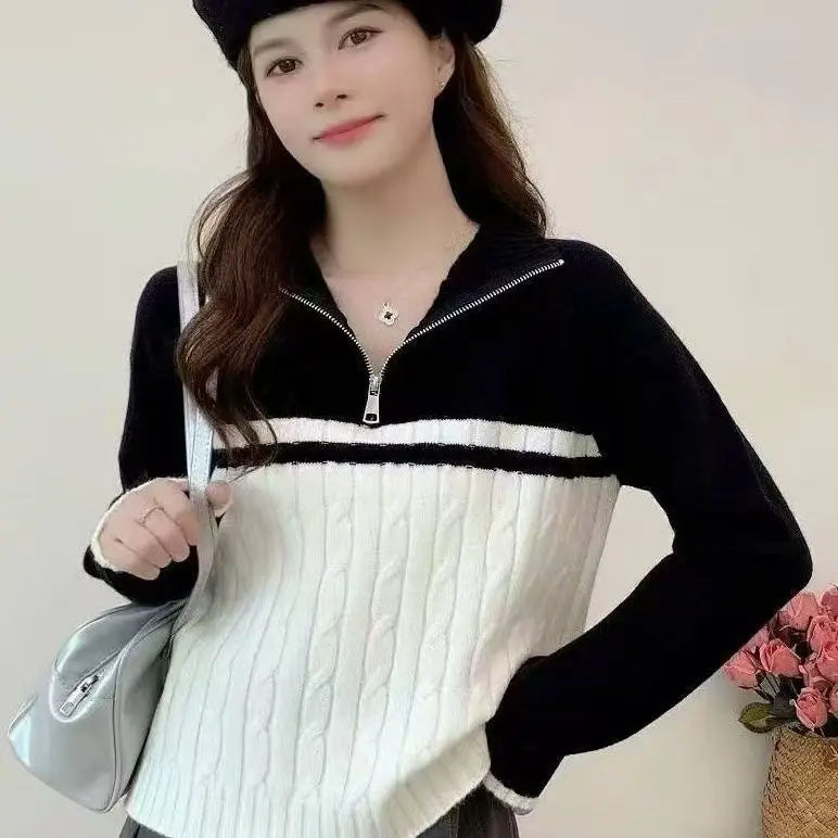 Lapel Half Zipper Turtleneck Knitted Jacket Sweater Autumn and Winter Fashion Loose Color Combination New Style - ATFH