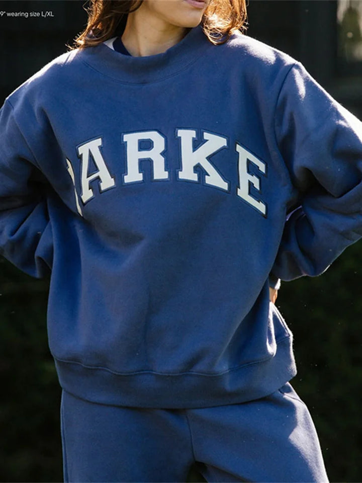 Women Letters Patch Embroidery Blue Sweatshirts Female Stand Collar Long Sleeve Pullover Casual Ladies Sports Top - ATFH