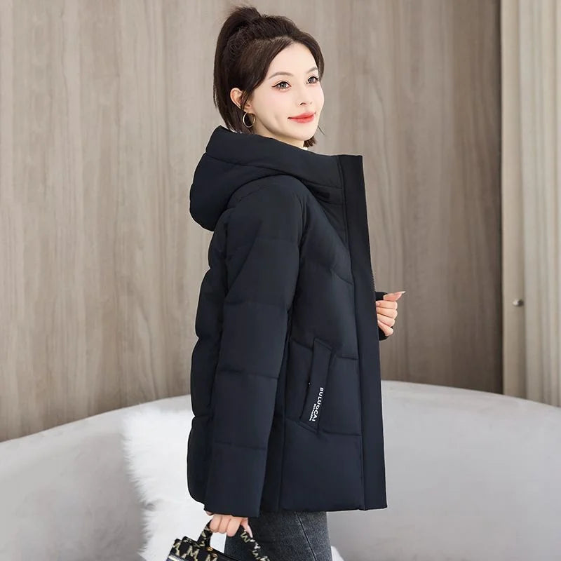 Women Short 2025 Winter New Solid Color Cotton Coats Thicken Hooded Warm Casual Coats Pockets Letter Windproof Soft Coats