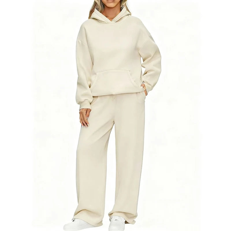 Autumn Winter Women Hoodie+Wide leg pants two pieces Casual pullover loose long sleeve tracksuit comfortable sports Women suit