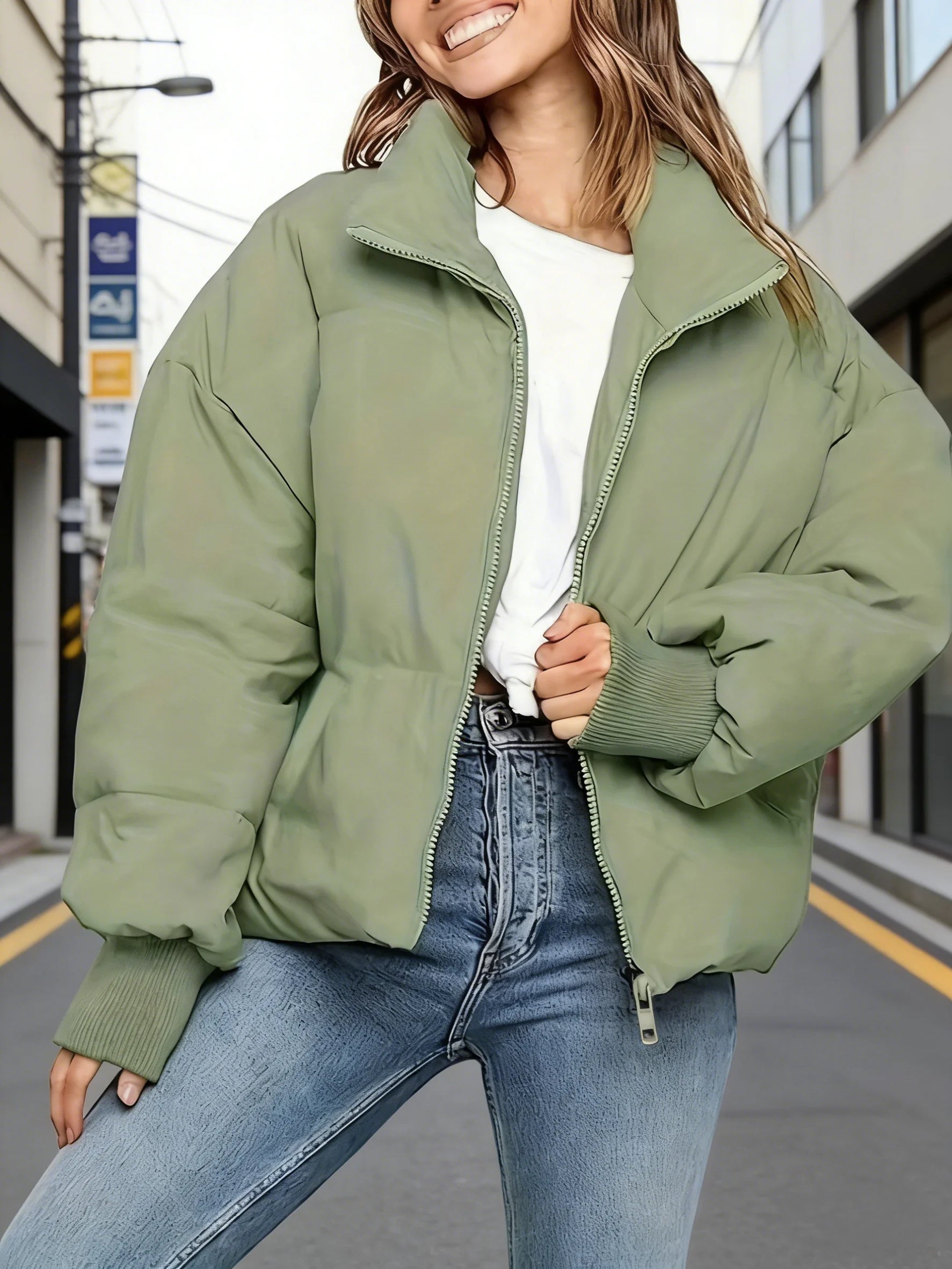 Thickened Oversized Cropped Puffer Jacket, Army Green Zip-Up Style, Women's Warm Top for Fall & Winter Commute & Streetwear