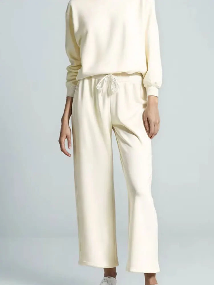 HH Trendy Solid Sweatshirt Set For Women Long Sleeves Causal Hooded Sweatshirt+Drawstring High Waist Straight Pants