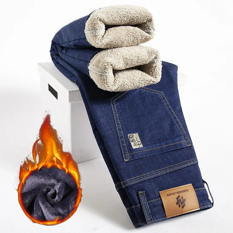 Men Winter Thermal  Loose Straight Jeans Male Fashion Snow Warm Plush Fleece Denim Pants Classic Simplicity Blue Black Trousers ATFH