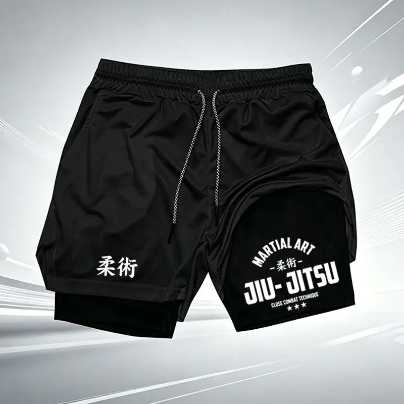 Martial Art Jiu-Jitsu Print Ufc Men's Double-Layer Sports Shorts, Quick Dry, Anti-Chafe, for BJJ, MMA & Fitness wx249