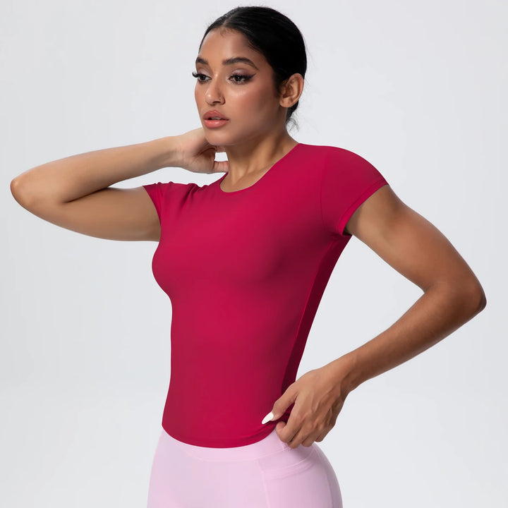 Woman Solid Color Workout Top T-Shirt Quick Drying Breathable Short Sleeve Gym Sports Running Slim Casual Yoga Top Clothing - ATFH