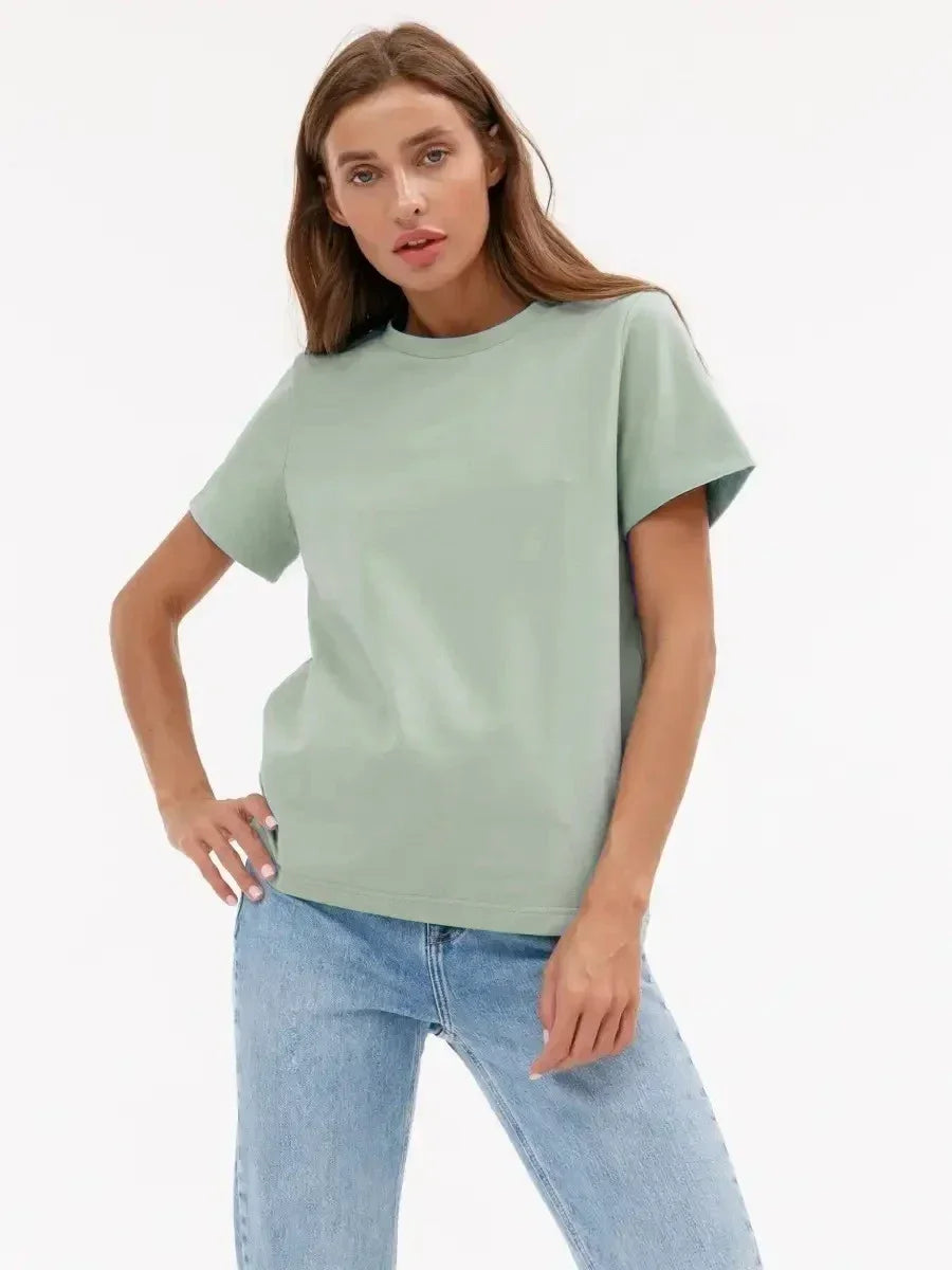 Bornladies Summer 100% Cotton Women's T-shirt Bottoming Basic Fashionable Solid Lady Short Sleeve Loose Tops Shirts 230g/㎡ Tops - ATFH