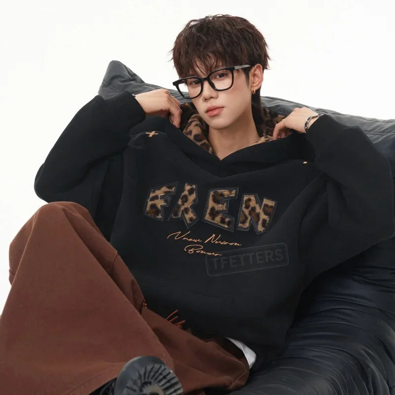 TFETTERS 2026 Autumn Hooded Sweatshirt Men Heavy Weight Leopard Letter Patch Embroidery Inner Hood Splice Loose Streetwear Top